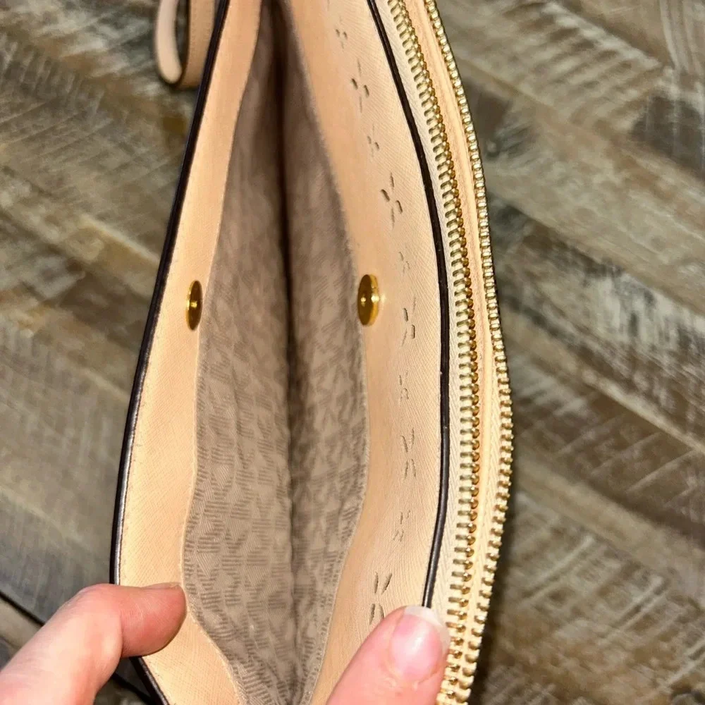 Michael Kors Beige and Gold Perforated Leather Crossbody or Clutch